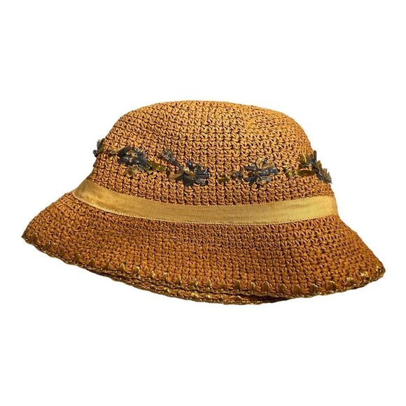 Women’s Beige Woven Paper Hat with Light Blue Flowers One Size Fits Most 12x8in - Picture 10 of 16